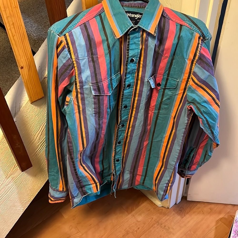 Vintage Wrangler Shirt Men 16-35 Blue Brushpopper Western Button Long Tail Rodeo